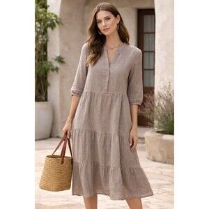 Splendid Iris Italian Linen Tiered Dress Size S/M Boho Lagenlook Coastal
